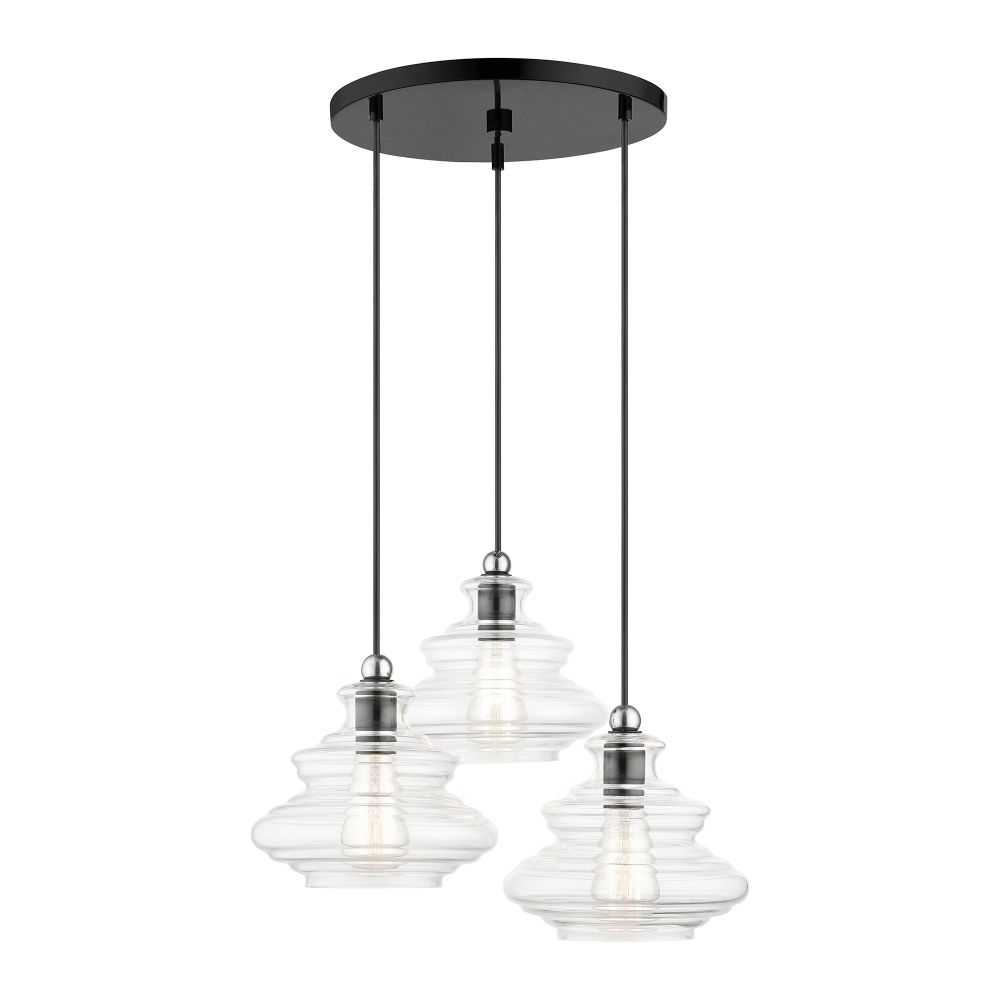 Livex Lighting 52833-68 3 Light Shiny Black Pendant Chandelier with Chrome Finish Accents