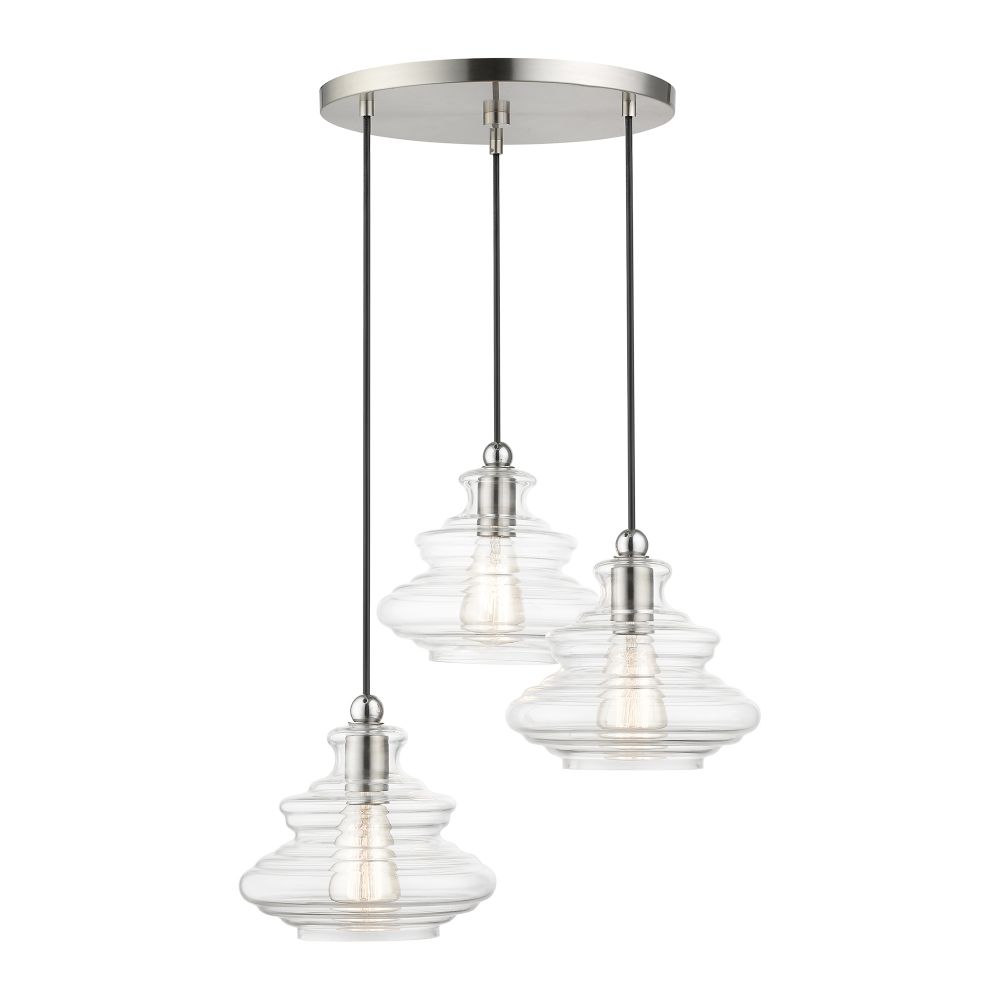 Livex Lighting 52833-91 3 Light Brushed Nickel Pendant Chandelier with Chrome Finish Accents