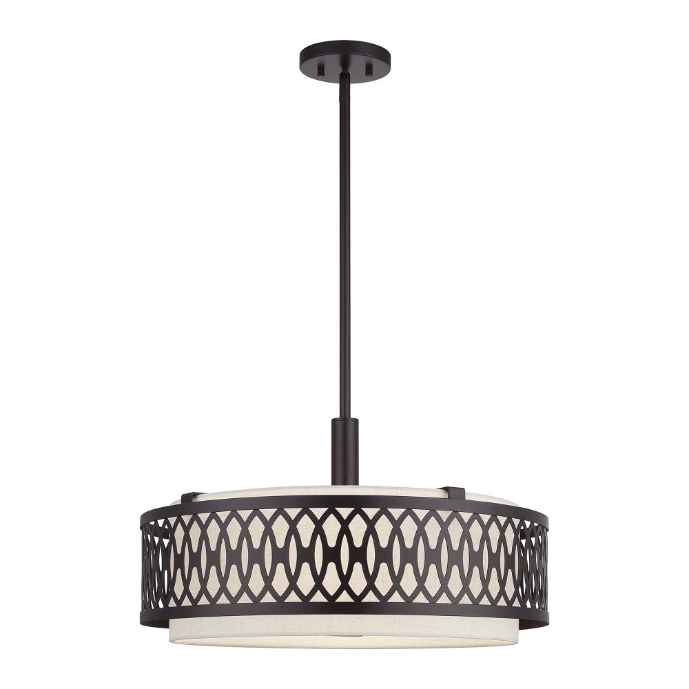 Livex Lighting 53434-92 4 Light English Bronze Pendant Chandelier with Hand Crafted Oatmeal Color Fabric Hardback Shade