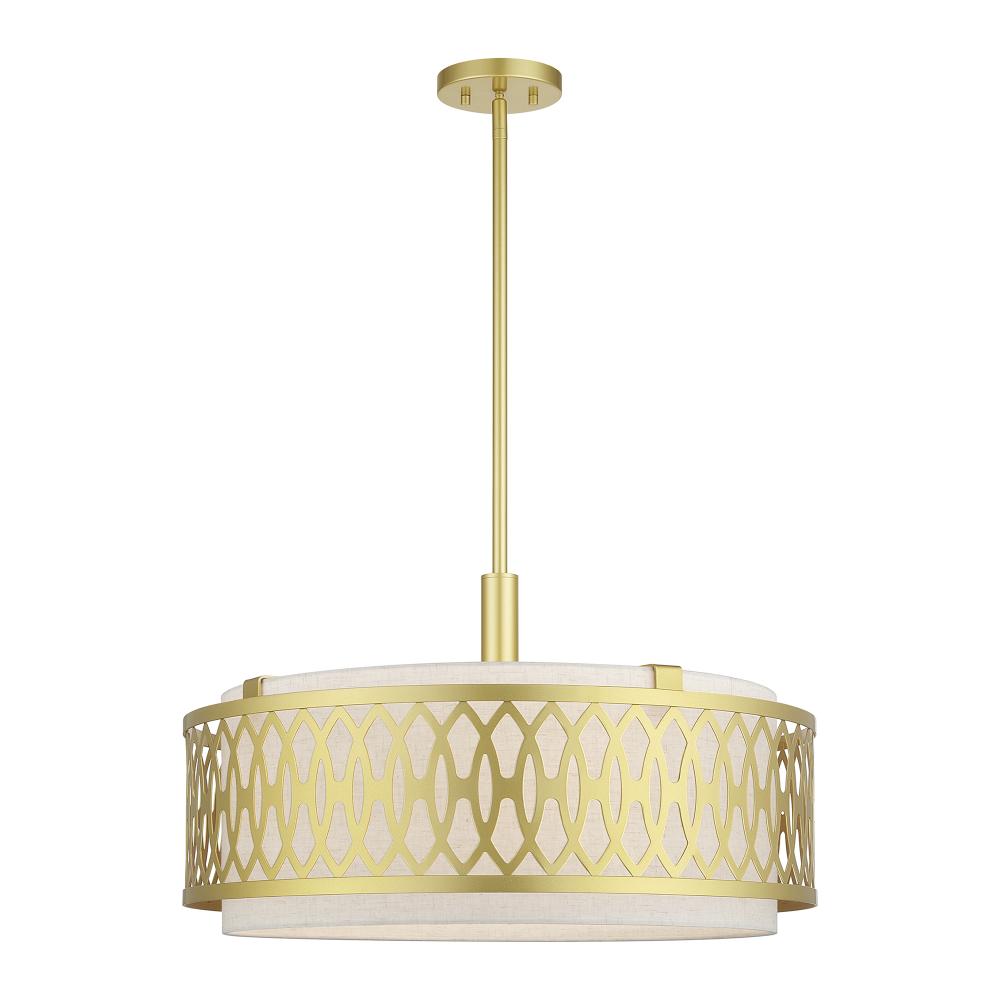Livex Lighting 53435-33 5 Light Soft Gold Pendant Chandelier with Hand Crafted Oatmeal Color Fabric Hardback Shade