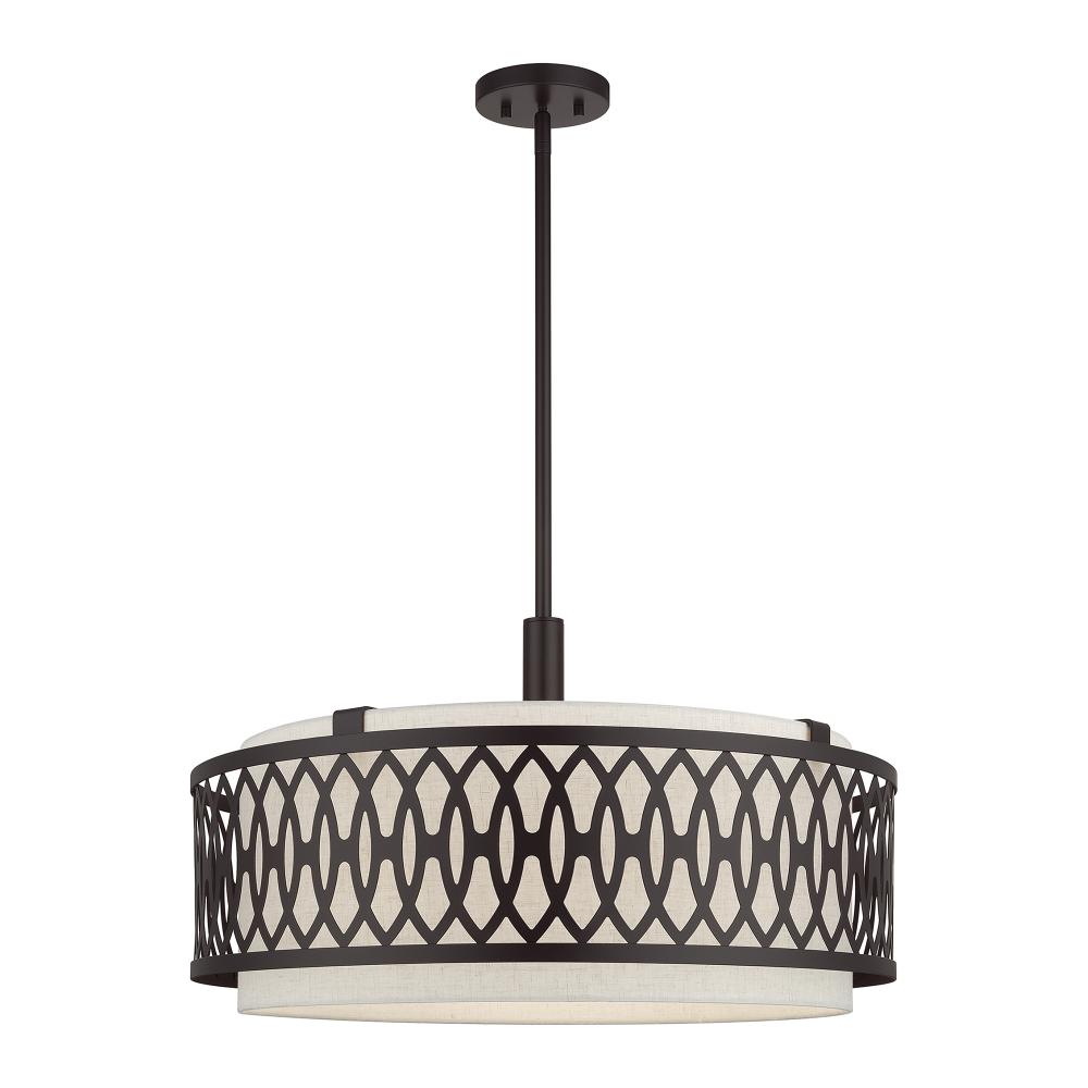 Livex Lighting 53435-92 5 Light English Bronze Pendant Chandelier with Hand Crafted Oatmeal Color Fabric Hardback Shade
