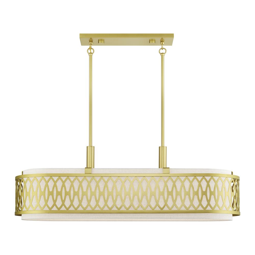 Livex Lighting 53437-33 6 Light Soft Gold Large Linear Chandelier with Hand Crafted Oatmeal Color Fabric Hardback Shade