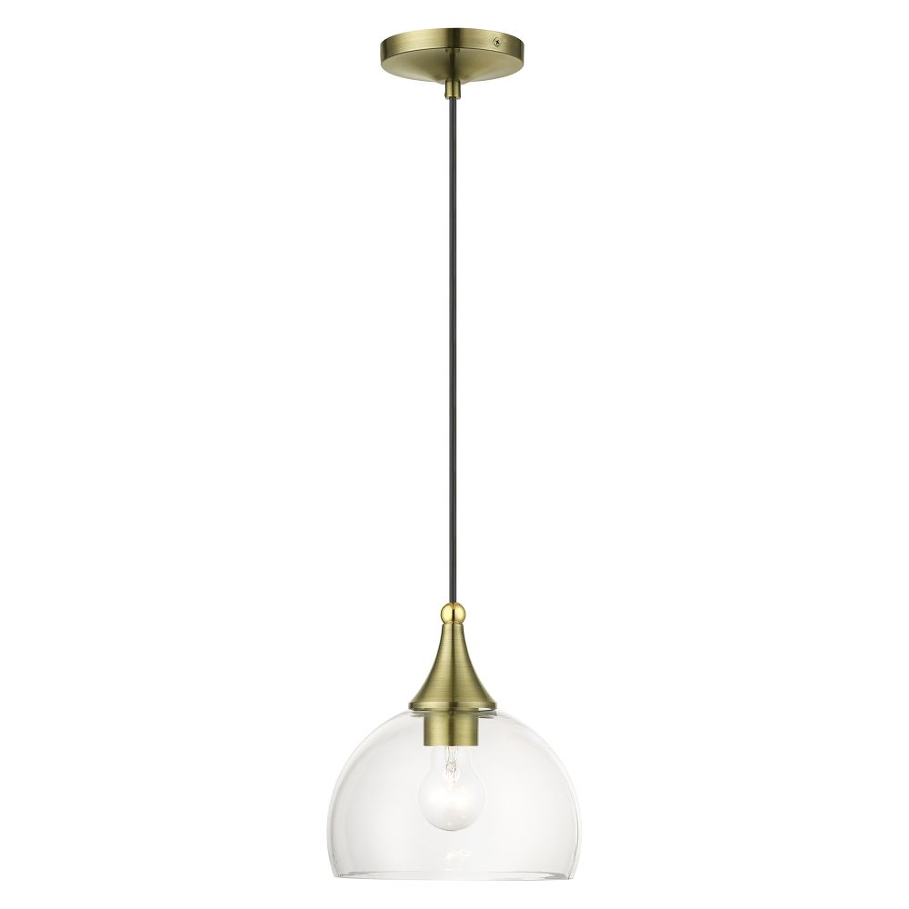 Livex Lighting 53641-01 1 Light Antique Brass Glass Pendant with Polished Brass Finish Accents