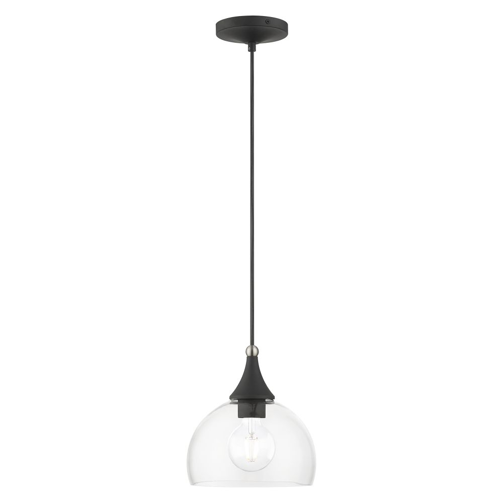Livex Lighting 53641-04 1 Light Black Glass Pendant with Brushed Nikel Finish Accents