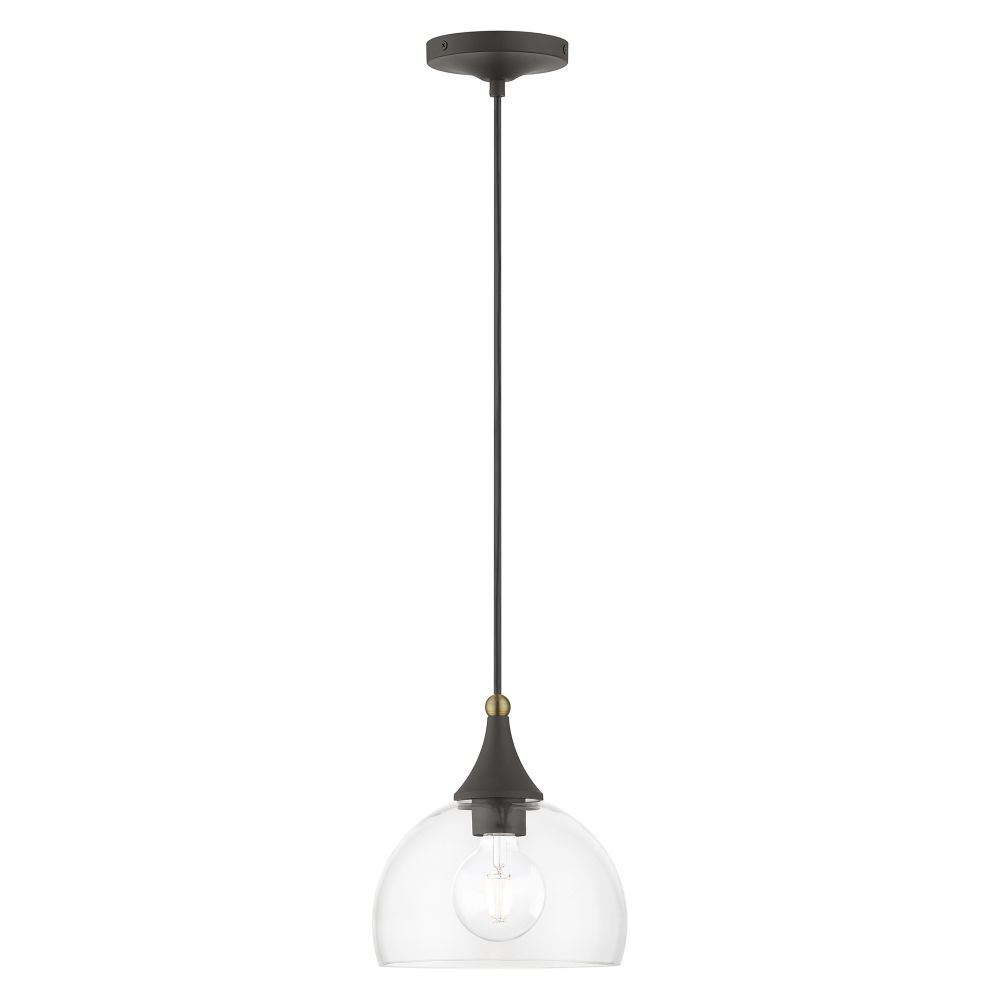 Livex Lighting 53641-07 1 Light Bronze Glass Pendant with Antique Brass Finish Accents
