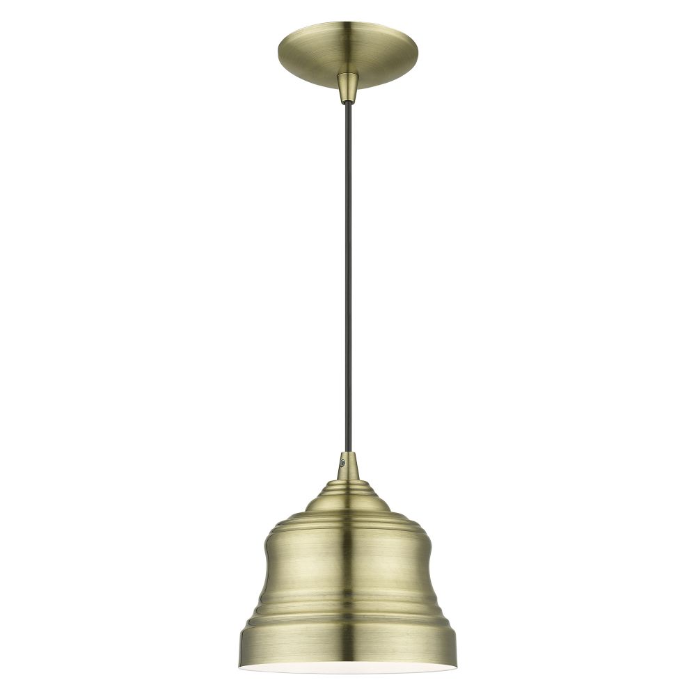 Livex Lighting 55901-01 1 Light Antique Brass Mini Bell Pendant with Shiny White Finish Inside