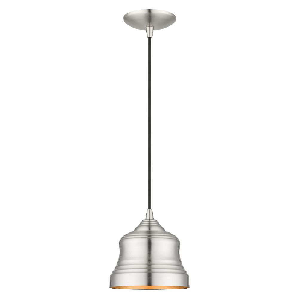 Livex Lighting 55901-91 1 Light Brushed Nickel Mini Bell Pendant with Gold Finish Inside