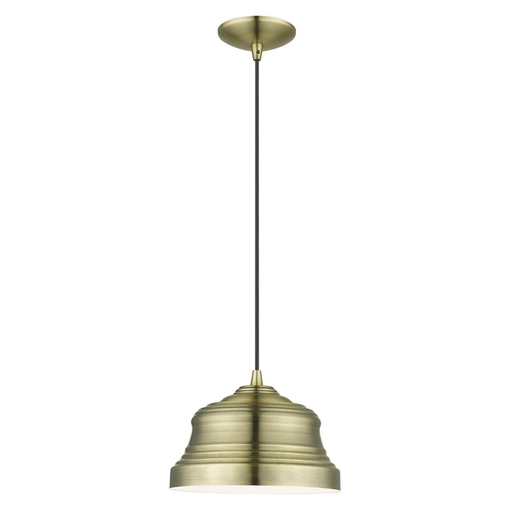Livex Lighting 55902-01 1 Light Antique Brass Bell Pendant with Shiny White Finish Inside