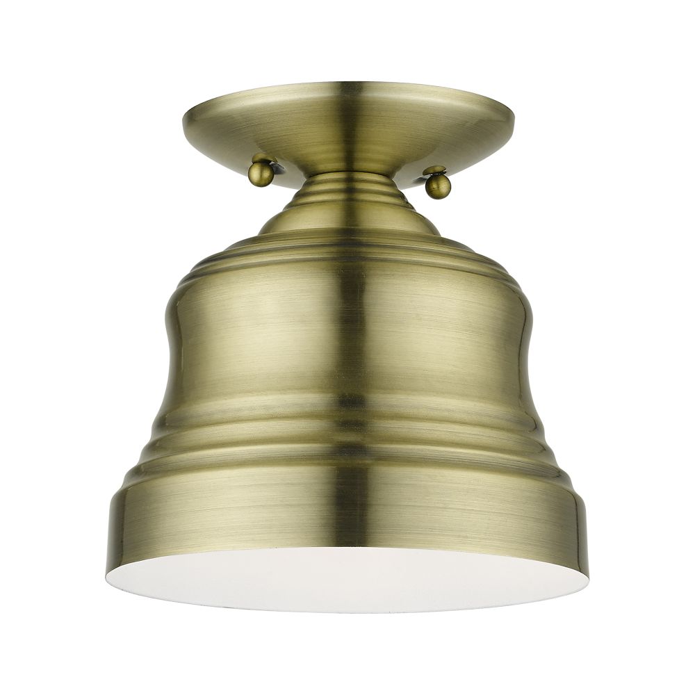 Livex Lighting 55909-01 1 Light Antique Brass Bell Petite Bell Semi-Flush with Shiny White Finish Inside