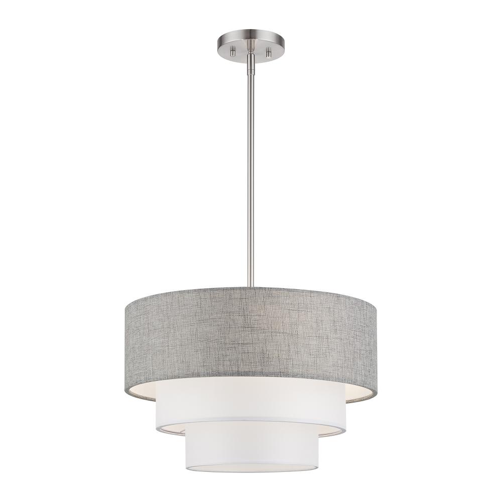 Livex Lighting 60015-91 3 Light Brushed Nickel Pendant Chandelier with Hand Crafted Urban Gray and White Fabric Hardback Shades