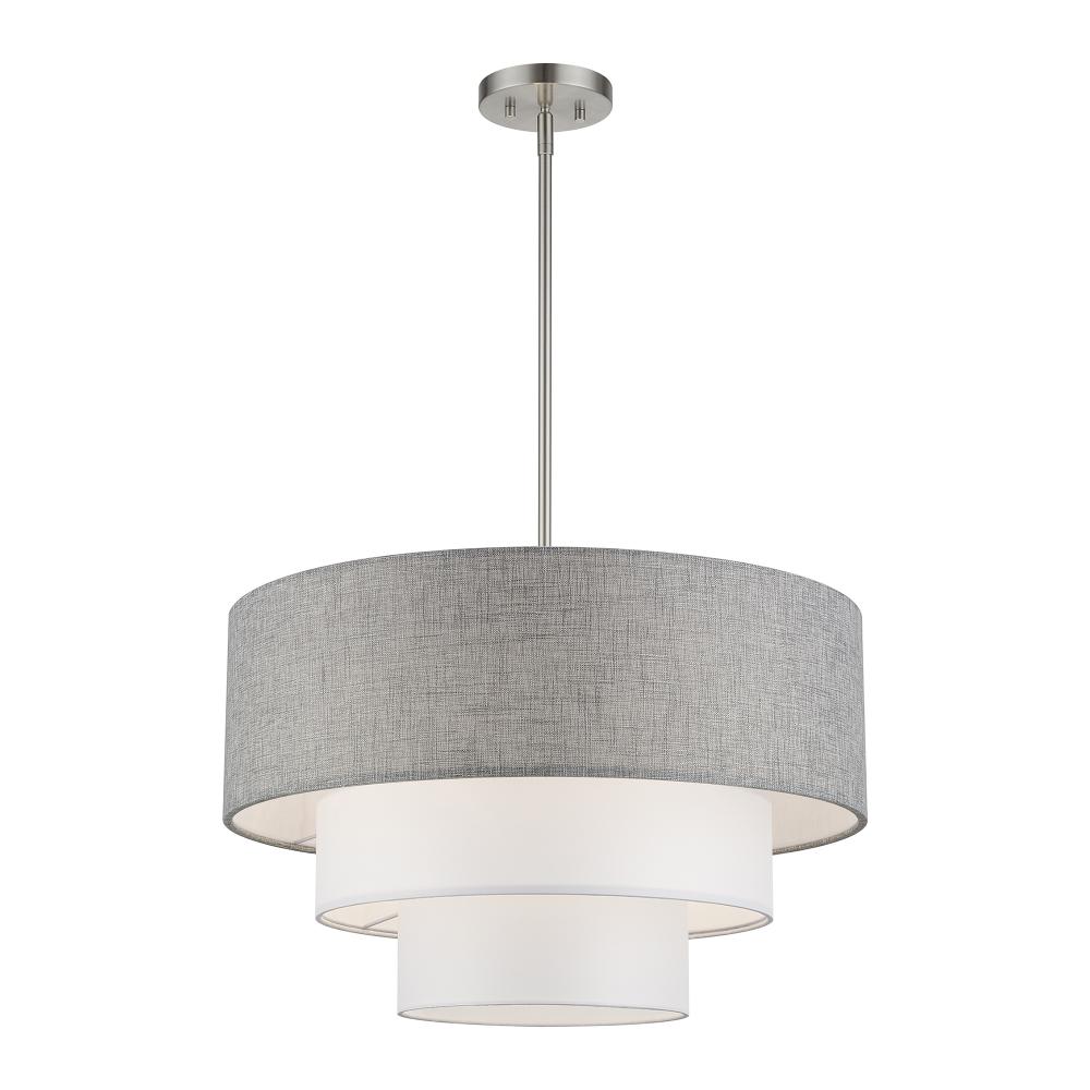 Livex Lighting 60016-91 4 Light Brushed Nickel Pendant Chandelier with Hand Crafted Urban Gray and White Fabric Hardback Shades