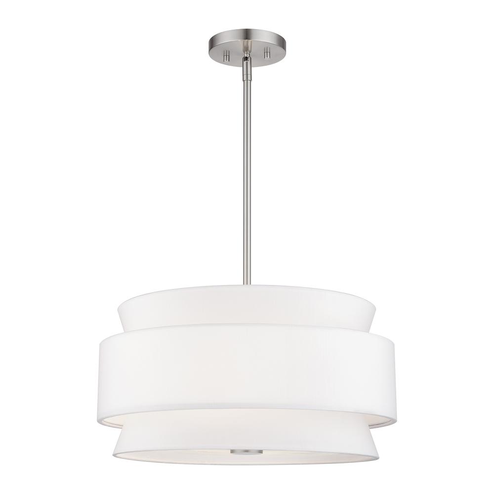 Livex Lighting 60023-91 4 Light Brushed Nickel Pendant Chandelier with Hand Crafted Off-White Fabric Hardback Shades