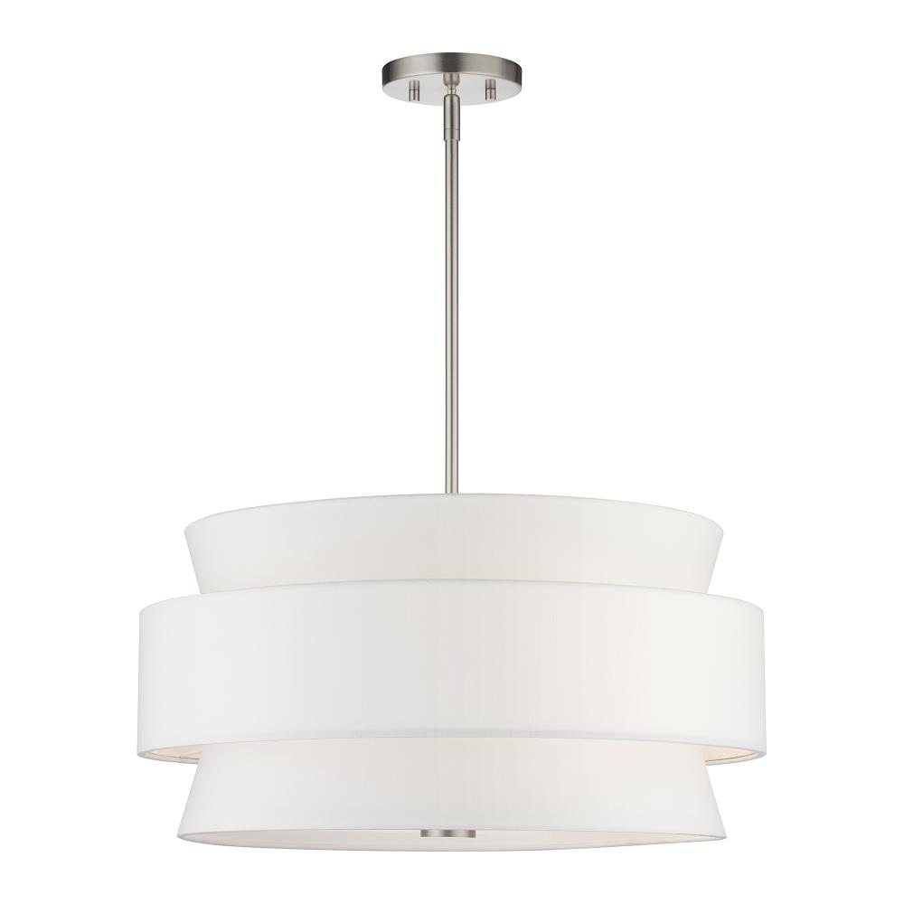Livex Lighting 60025-91 5 Light Brushed Nickel Pendant Chandelier with Hand Crafted Off-White Fabric Hardback Shades