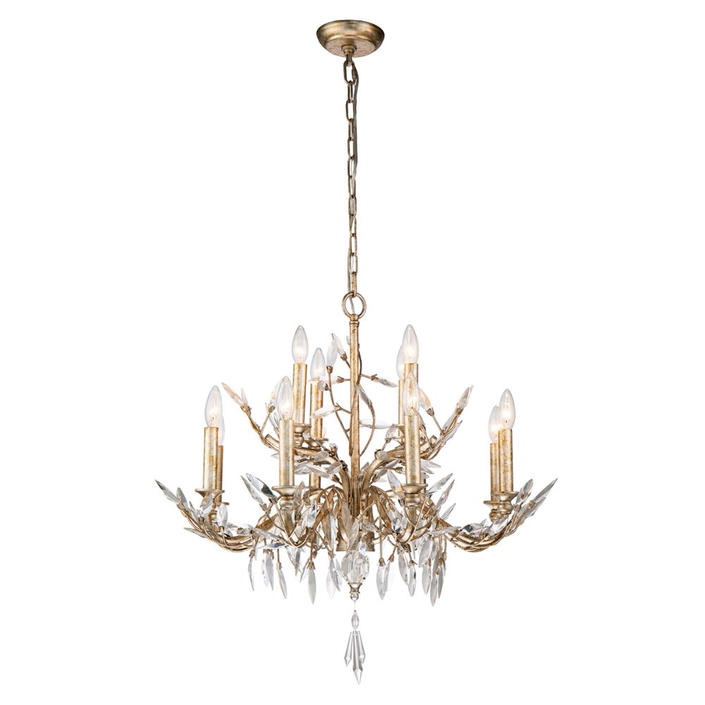 Lucas + McKearn CH6154-12 Glazed 12 Light Chandelier with Flower Inspired Crystals in Silver with Antique Glaze