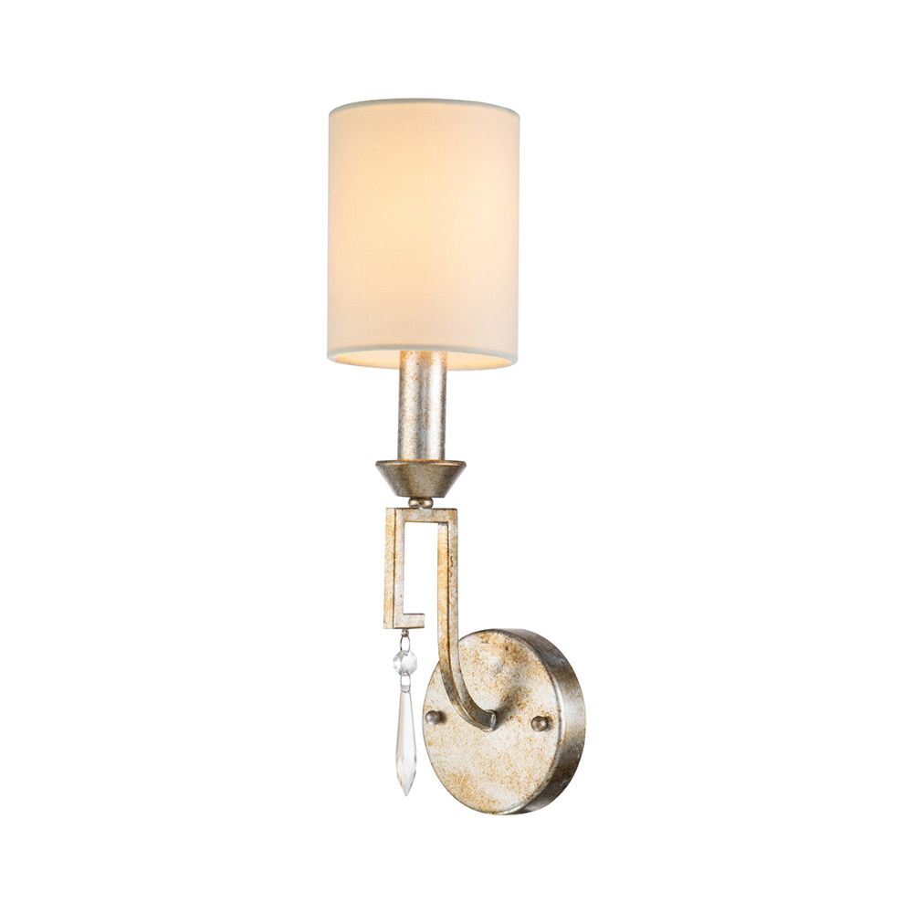 Lucas + McKearn GN/Lemuria1-S Small Lemuria Wall Sconce with white Drum Shade and Crystal Accent in Antique Silver