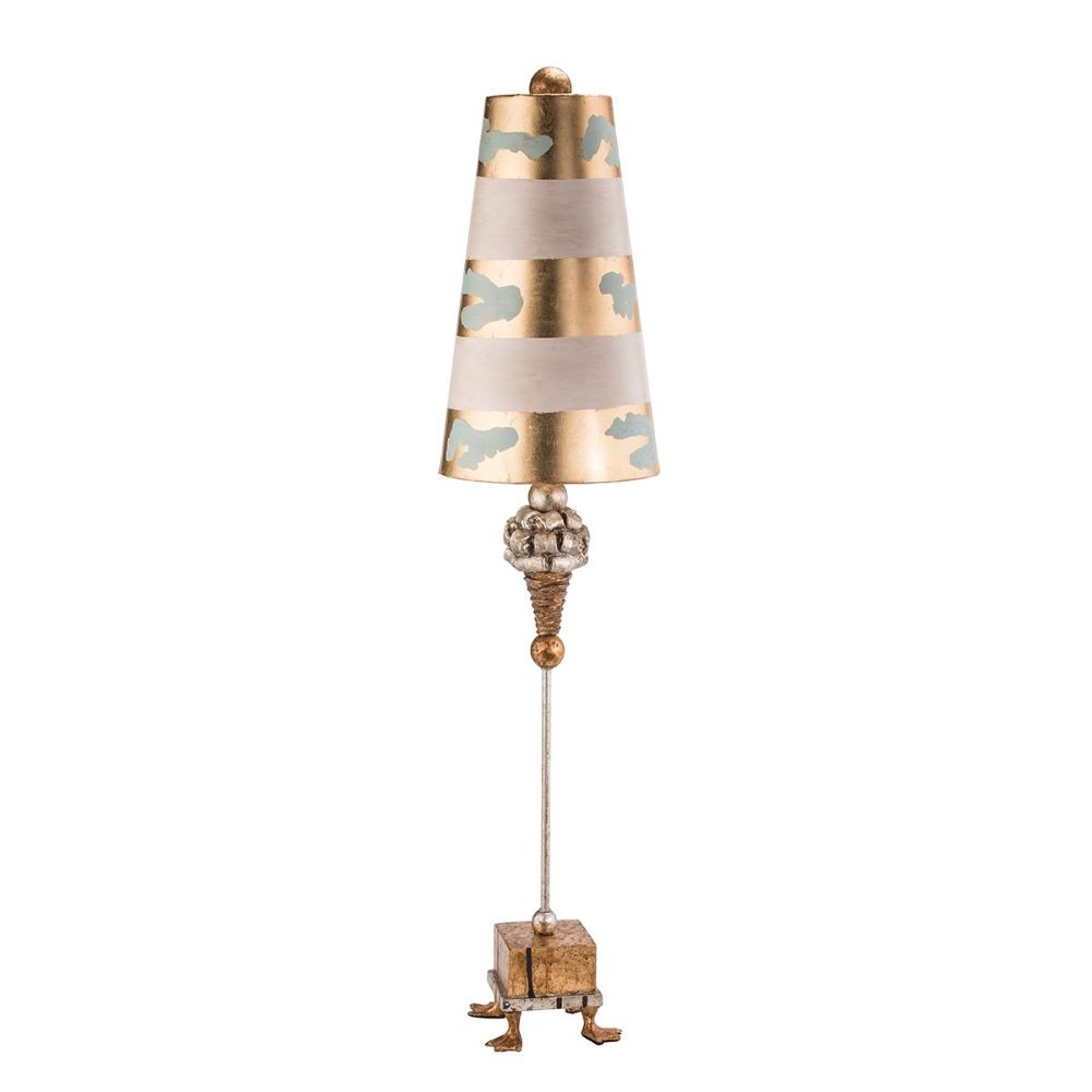 Lucas + McKearn TA1002 Pompadour Luxe Tall Buffet Lamp in Gold with Striped Shade and Base with Pompadour Inspired Element