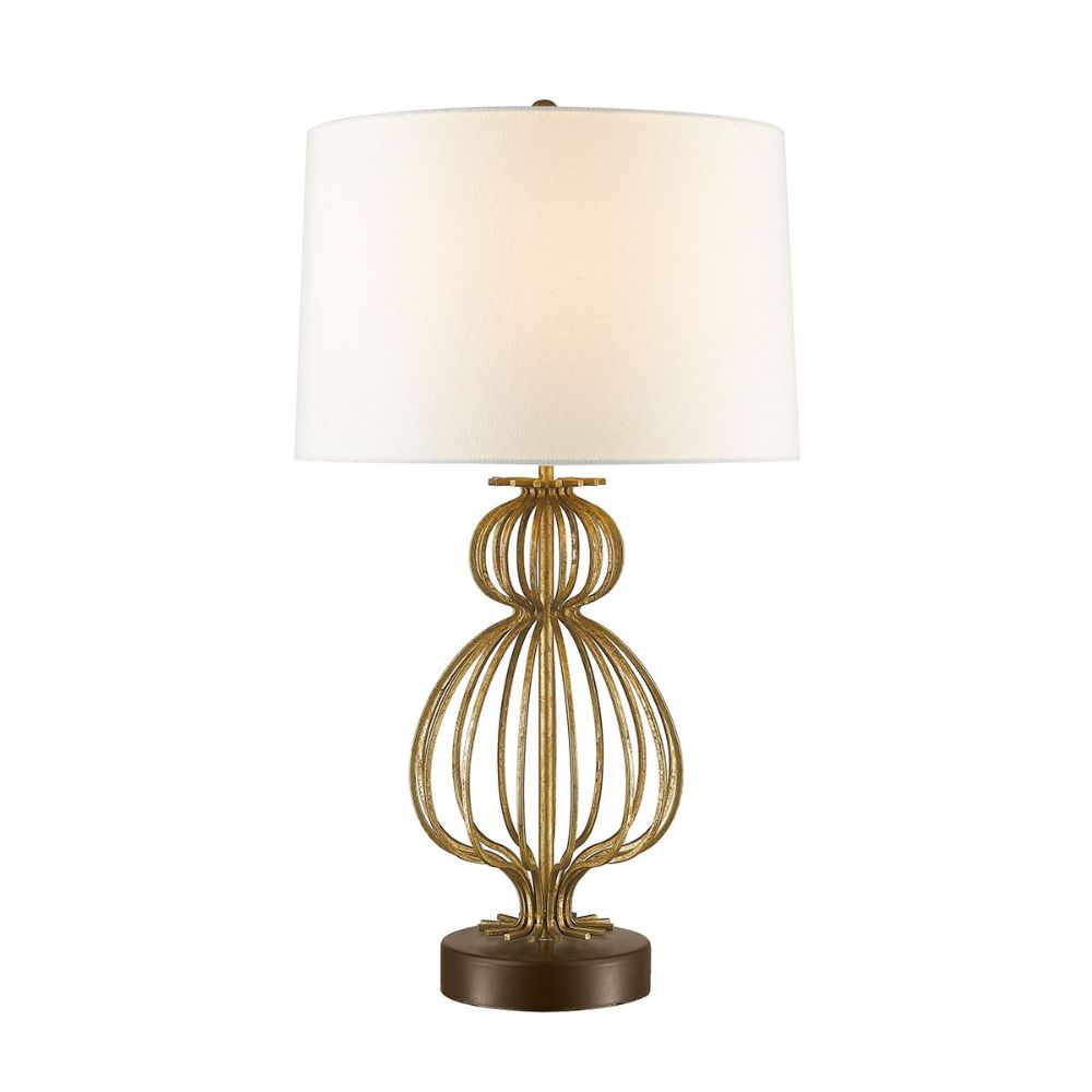 Lucas + McKearn TLM-1007 Lafitte Distressed Buffet Table Lamp with White Fabric Drum Shade in Glazed Gilt Steel Body
