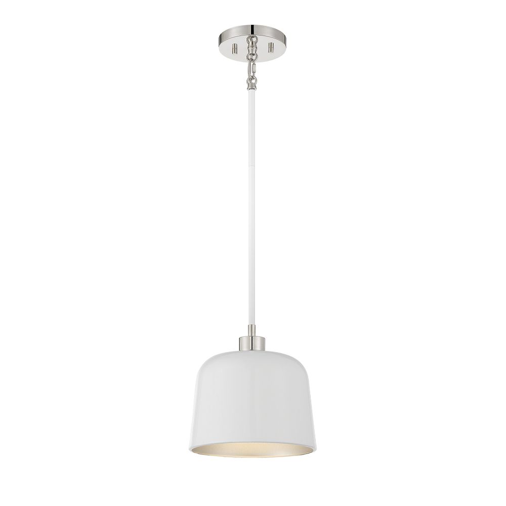 Meridian Lighting M70118WHPN 1-Light Pendant in White with Polished Nickel