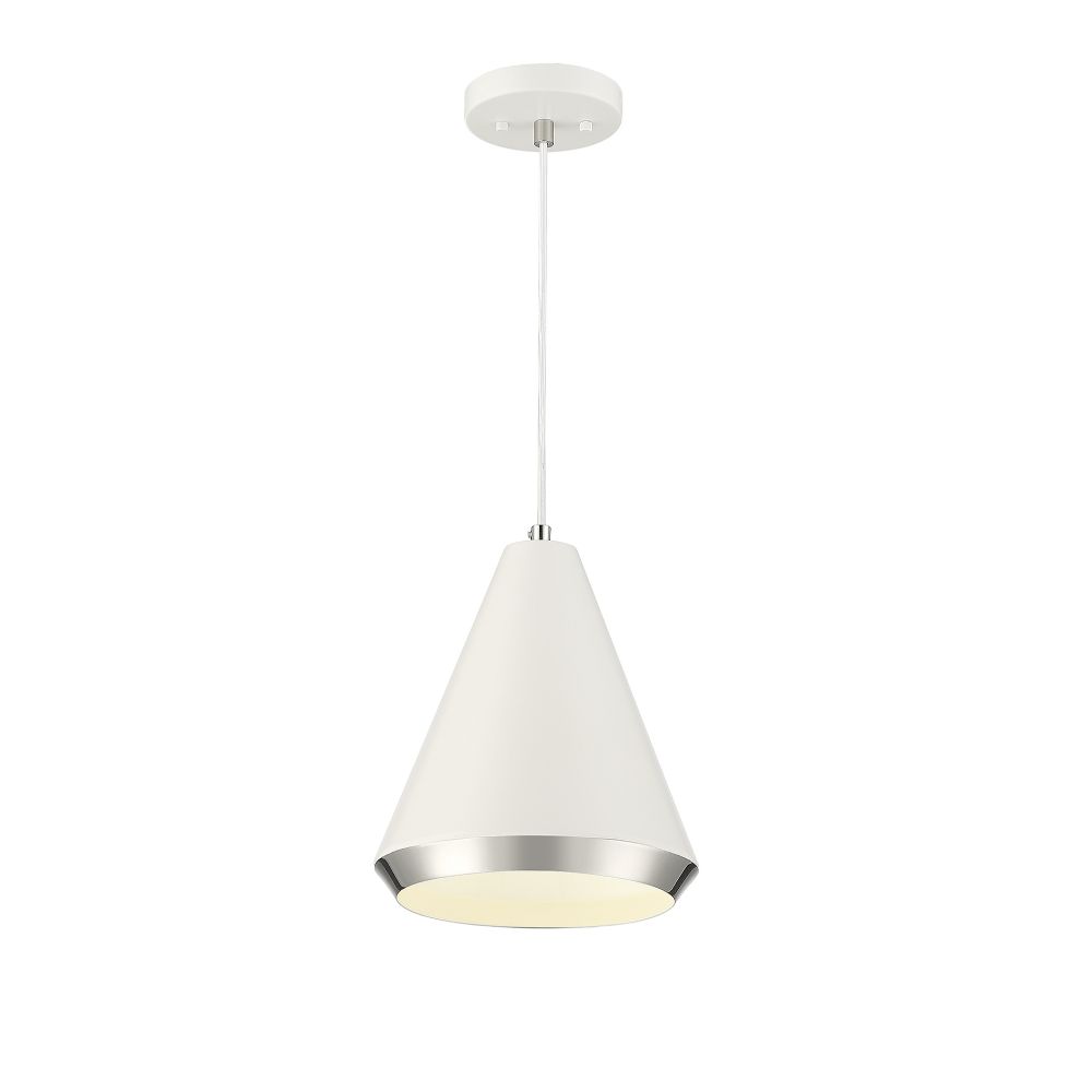 Meridian Lighting M70122WHPN 1-Light Pendant in White with Polished Nickel