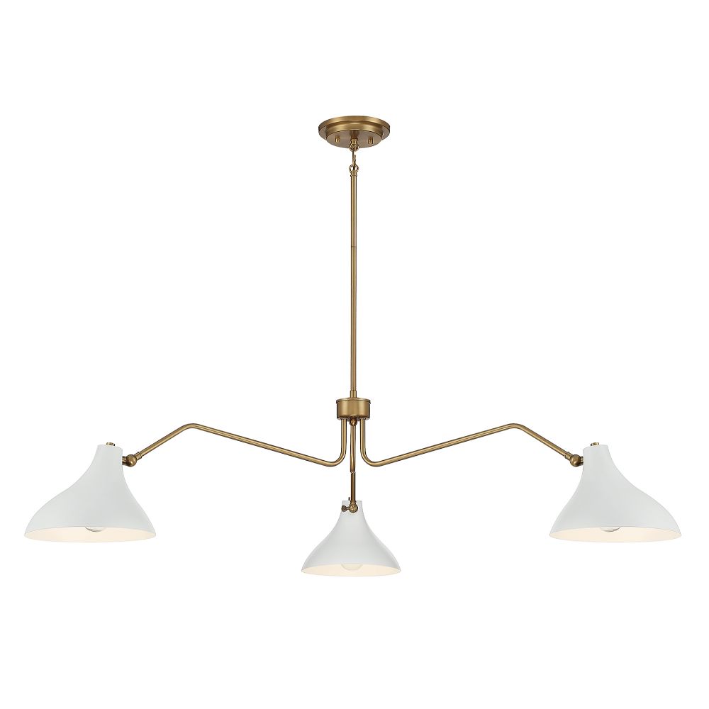 Meridian Lighting M7019WHNB 3-Light Pendant in White with Natural Brass
