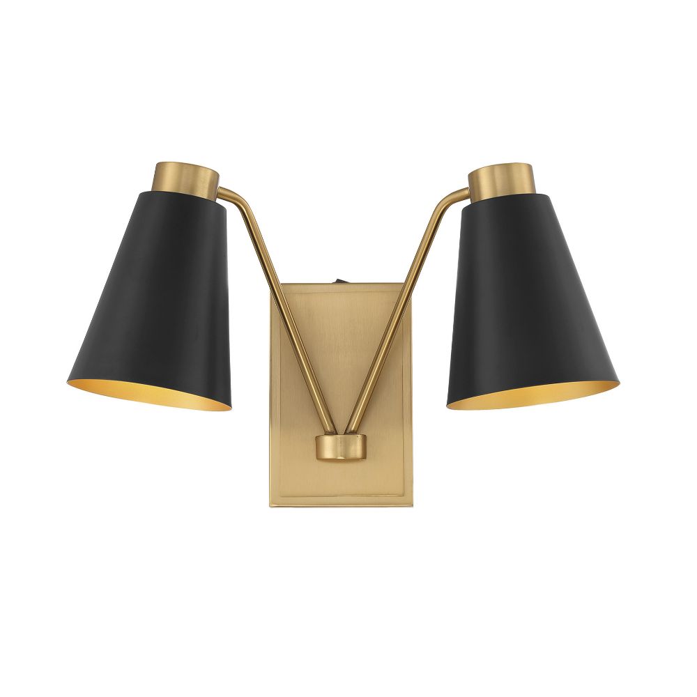 Meridian Lighting M90076MBKNB 2-Light Wall Sconce in Matte Black with Natural Brass