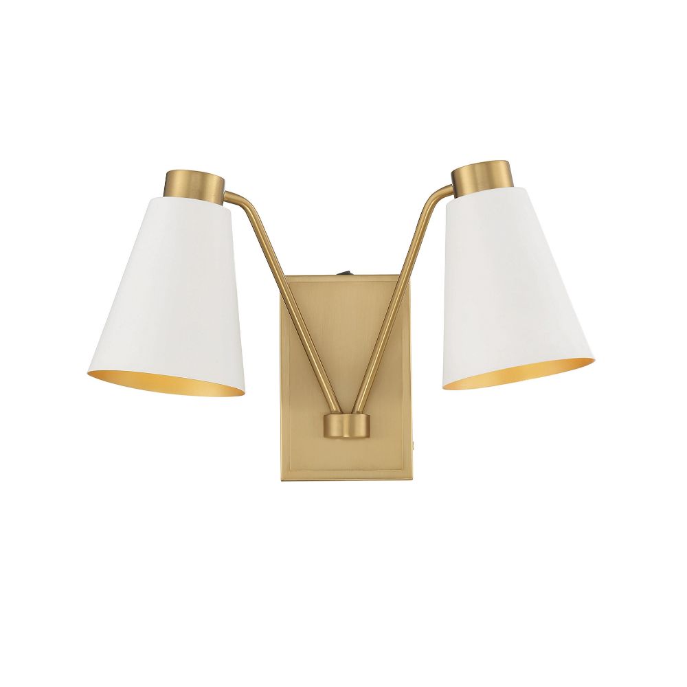 Meridian Lighting M90076WHNB 2-Light Wall Sconce in White with Natural Brass
