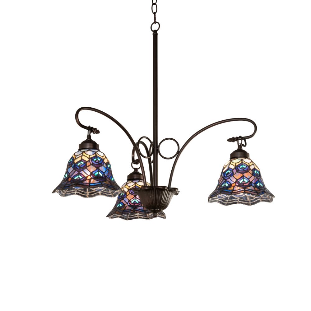 Meyda Lighting 110685 32" Wide Peacock Feather 3 Light Chandelier In Mauve;amber Glass (not Mica);green;blue;violet 