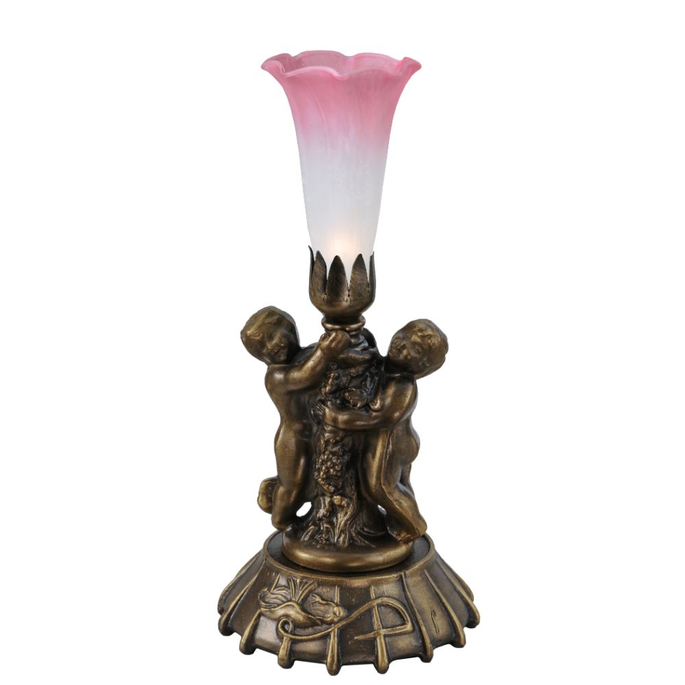 Meyda Lighting 12608 12"h Twin Cherub Pond Lily Mini Lamp In Pink;white Antique Copper Finish