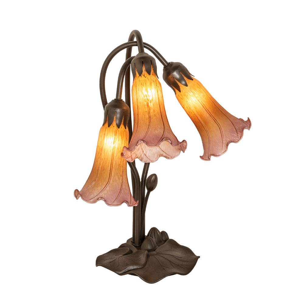 Meyda Lighting 129165 16" High Amber/Purple Tiffany Pond Lily 3 Light Accent Lamp in Mahogany Bronze