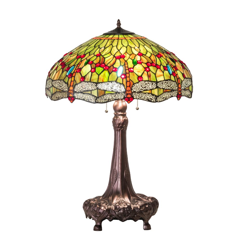 Meyda Lighting 129745 31" High Tiffany Hanginghead Dragonfly Table Lamp In Coral;green Mahogany Bronze