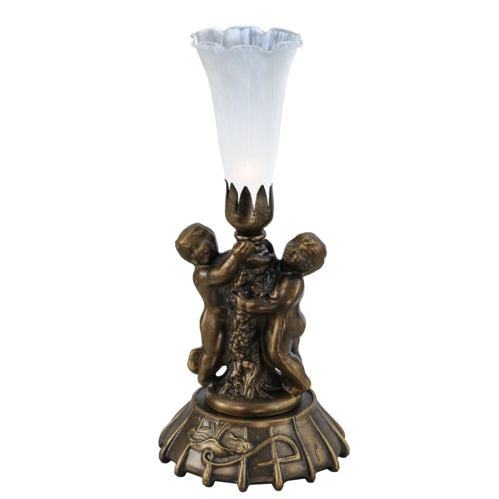 Meyda Lighting 12989 12"h Twin Cherub Pond Lily Mini Lamp In White Antique Copper Finish
