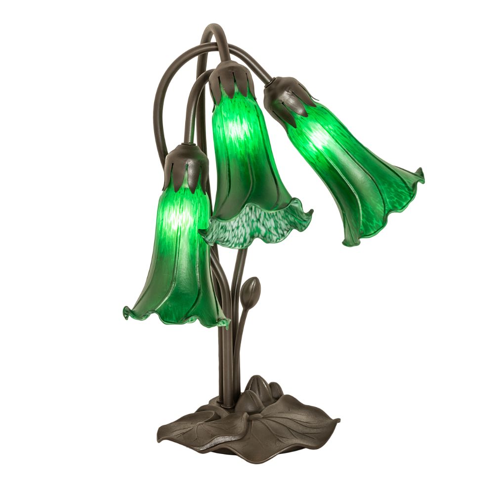 Meyda Lighting 136434 16" High Green Tiffany Pond Lily 3 Light Accent Lamp in Mahogany Bronze
