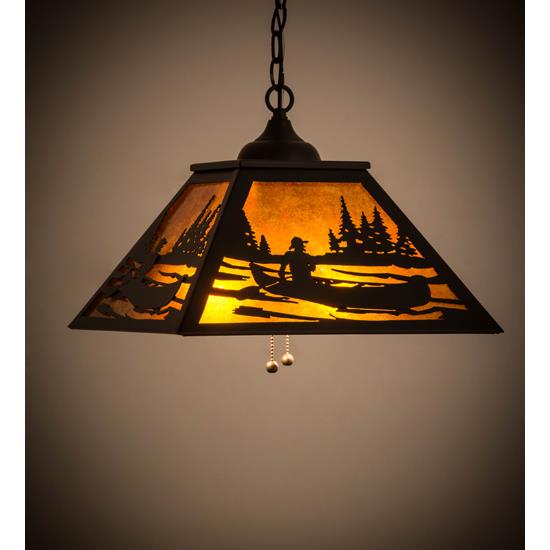 Meyda Lighting 143643 16"sq Canoe Tall Pines Pendant In Textured Black/amber Mica