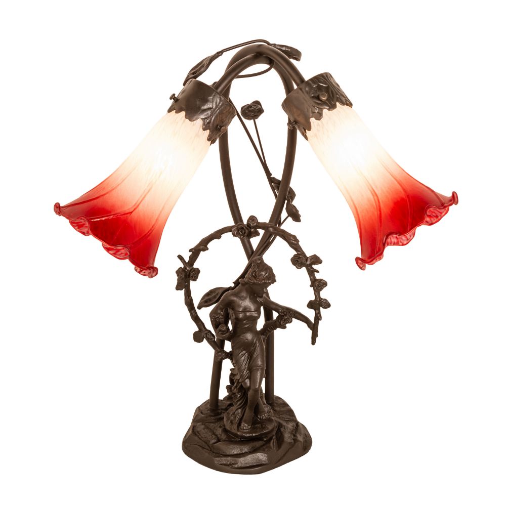 Meyda Lighting 144697 17" High Red/White Pond Lily 2 Light Trellis Girl Table Lamp