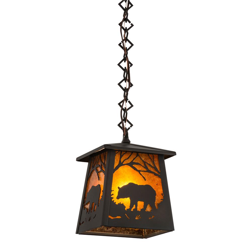 Meyda Lighting 178383 7"sq Bear At Dawn Mini Pendant In Wrought Iron/amber Mica