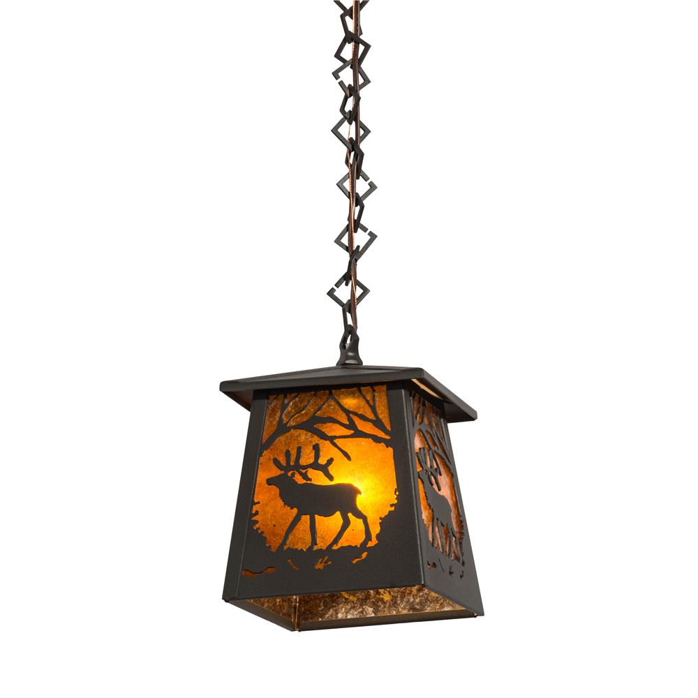 Meyda Lighting 178384 7"sq Elk At Dawn Mini Pendant In Wrought Iron/amber Mica