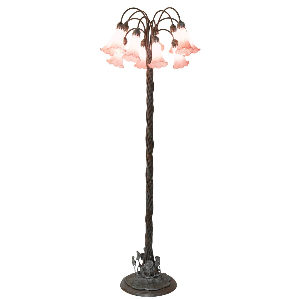 Meyda Lighting 18255 61" High Pink Tiffany Pond Lily 12 Light Floor Lamp in Bronze Finish