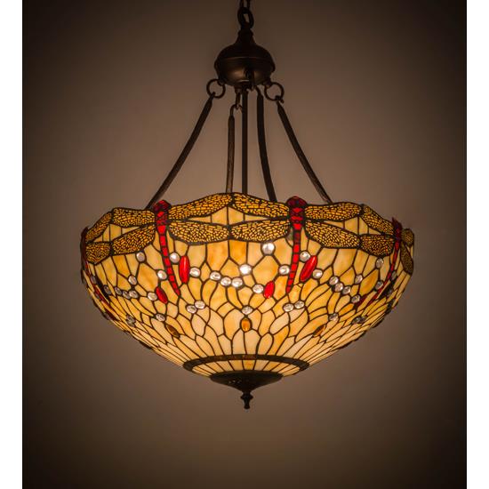 Meyda Lighting 183023 22"w Tiffany Hanginghead Dragonfly Inverted Pendant In Mahogany Bronze