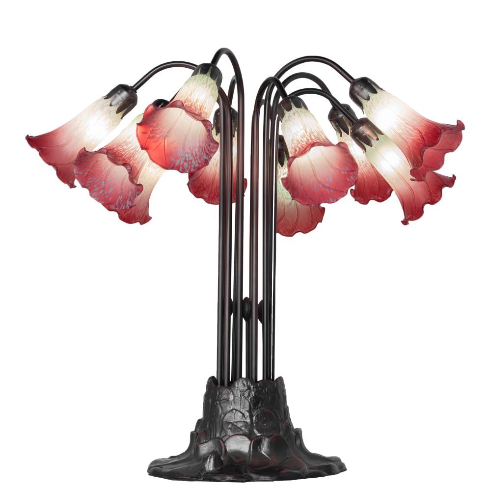 Meyda Lighting 185081 24" High Seafoam/Cranberry Tiffany Pond Lily 10 LT Table Lamp in Mahogany Bronze