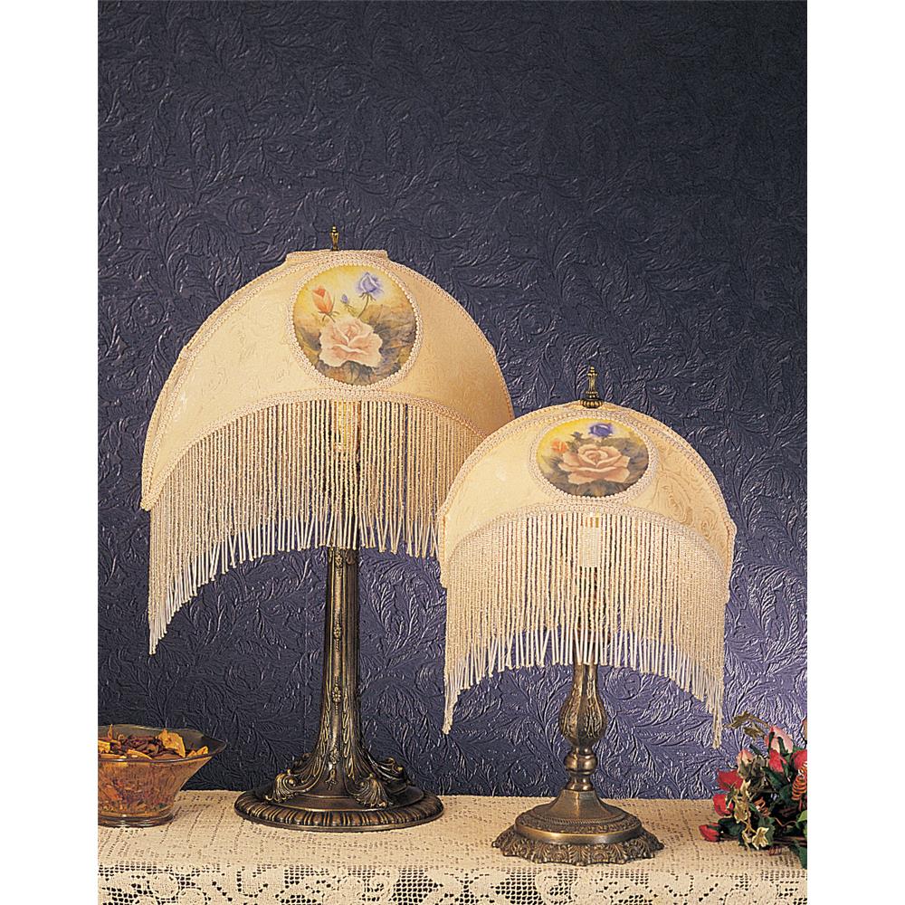Meyda Tiffany Lighting 18916 11"H Reverse Painted Roses Fabric With Fringe Accent Lamp