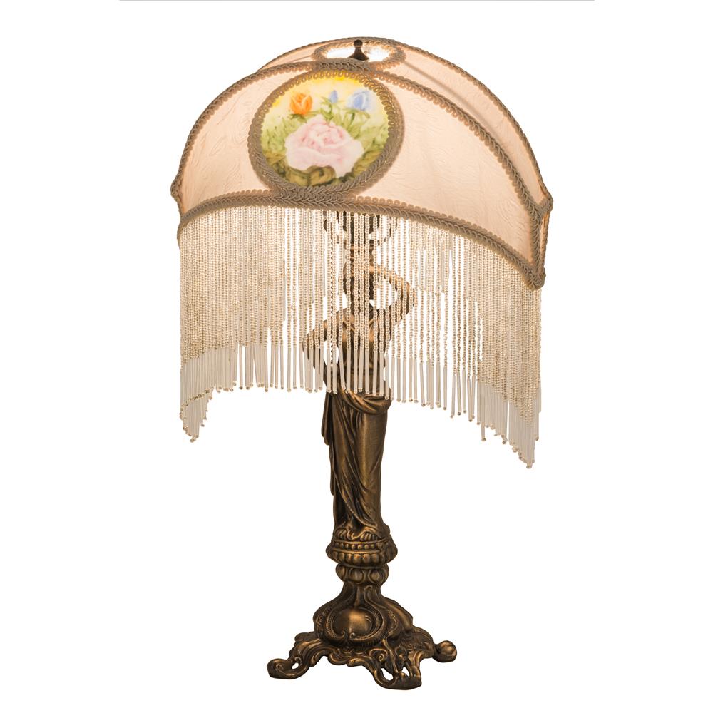 Meyda Lighting 189219 20"H Reverse Painted Roses Fabric with Fringe Table Lamp