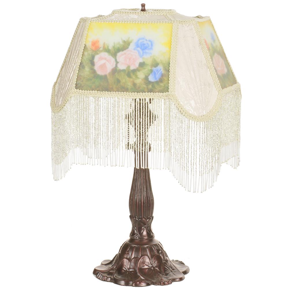 Meyda Tiffany Lighting 20286 18"H Reverse Painted Roses Fabric With Fringe Accent Lamp