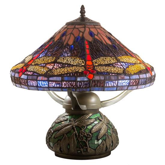 Meyda Lighting 212524 16" High Tiffany Hanginghead Dragonfly Cone Table Lamp in PURPLE/BLUE ORANGE GREEN BASE HAS GREEN TILES