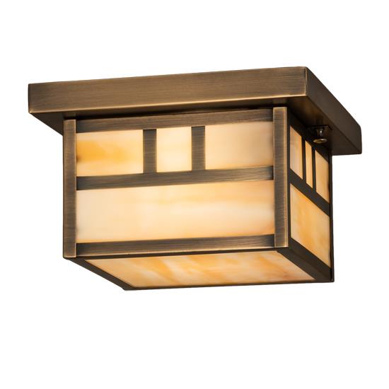 Meyda Lighting 212751 10" Square Hyde Park Double Bar Mission Flushmount in Beige Smooth Art Glass Antique Brass