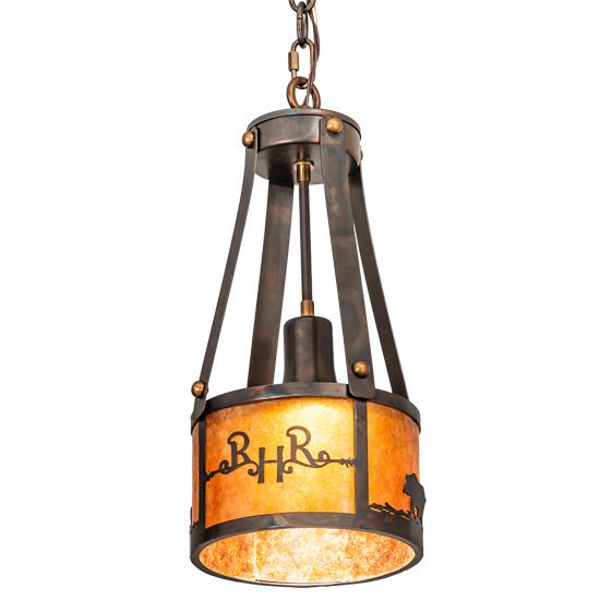 Meyda Lighting 213967 8" Wide Ridin Hy Personalized Pendant in Amber Mica Dark Burnished Antique Copper