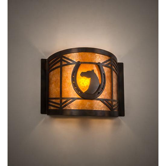 Meyda Lighting 213985 12" Wide Horseshoe Wall Sconce in Amber Mica Dark Burnished Antique Copper