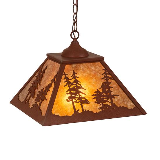 Meyda Lighting 215761 16" Square Tall Pines Pendant in AMBER MICA RED RUST