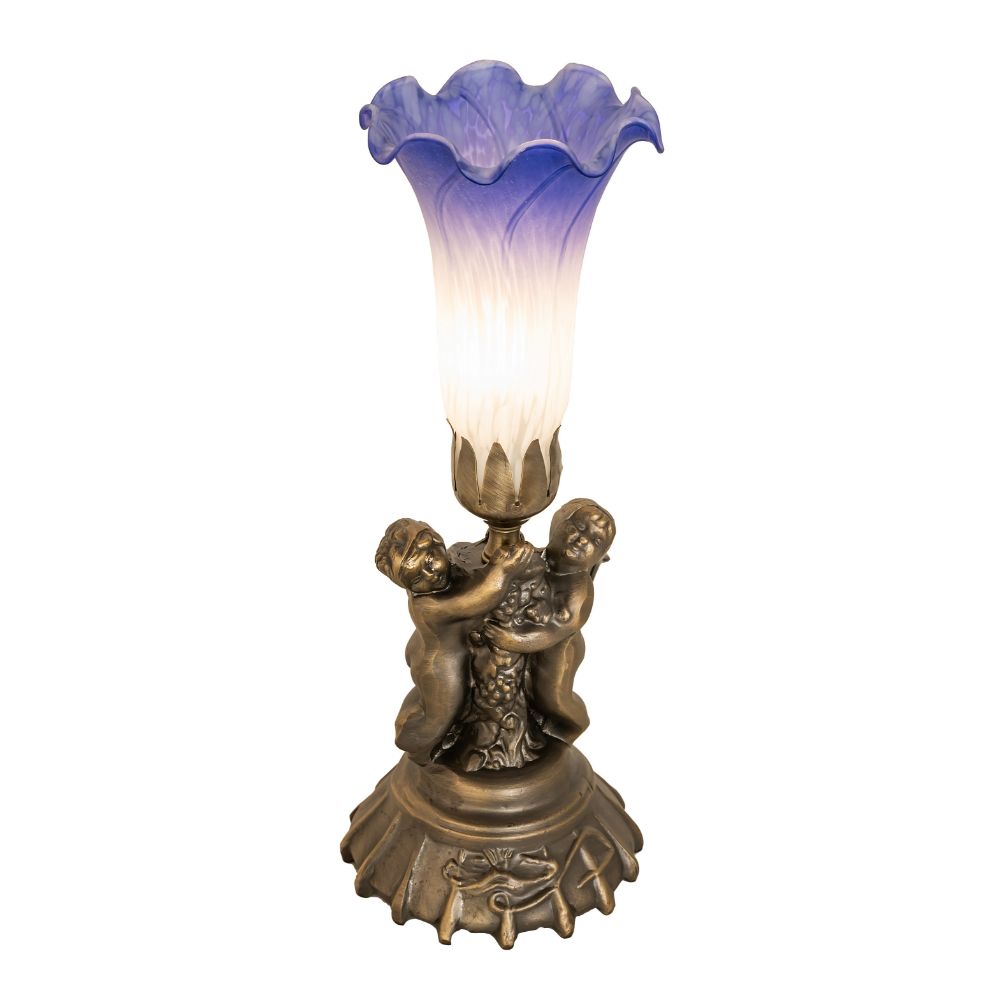 Meyda Lighting 225850 13" High Blue/White Pond Lily Twin Cherub Mini Lamp