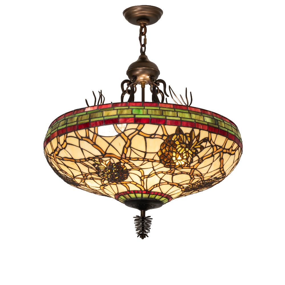 Meyda Lighting 233726 24" Wide Pinecone Inverted Pendant In Ruby;amber Glass (not Mica);green;beige Antique Copper Finish
