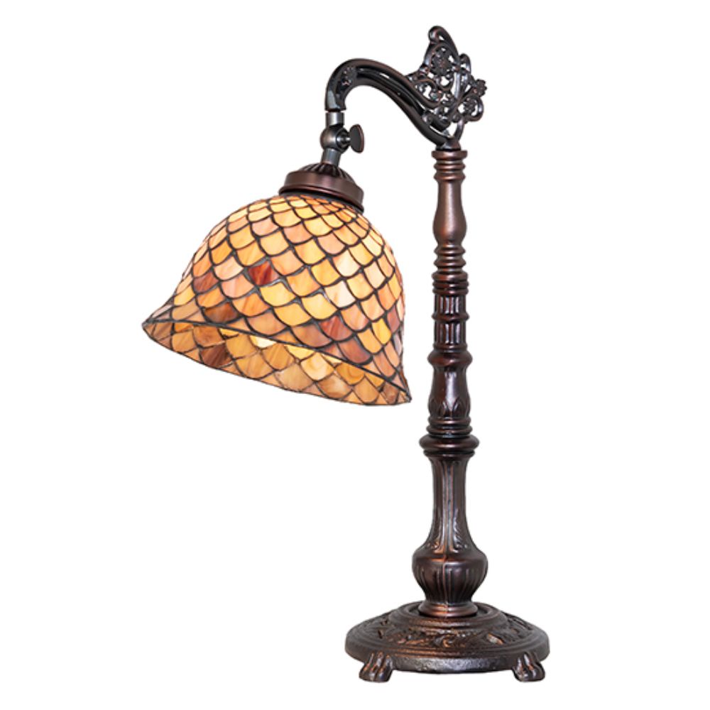 Meyda Lighting 244784 20" High Tiffany Fishscale Bridge Arm Table Lamp in Mahogany Bronze